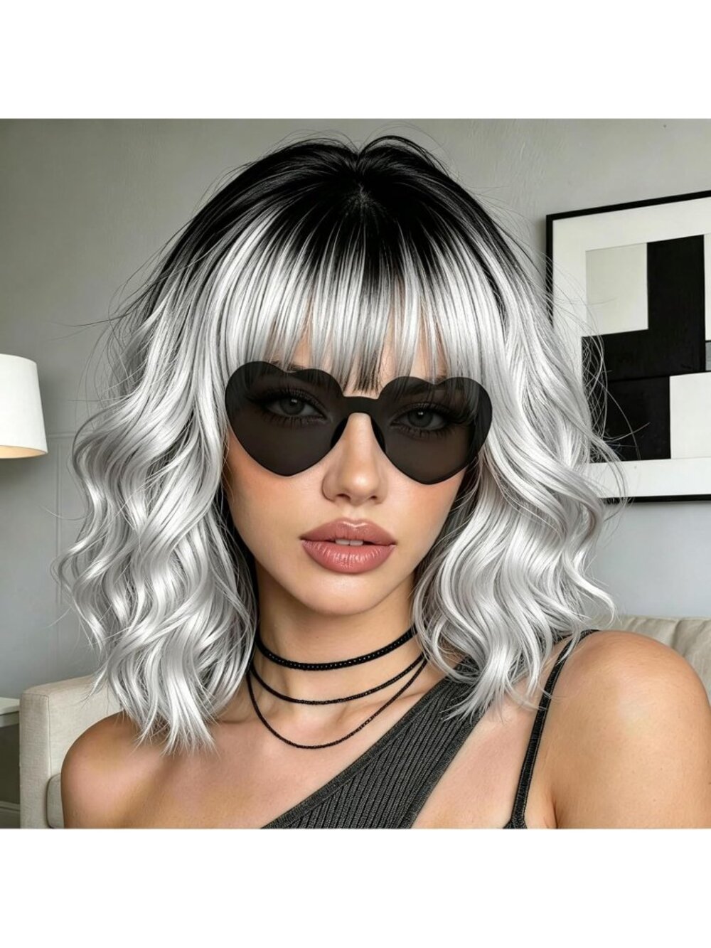Women's Silver Grey Synthetic Curly Wavy Shoulder Length Modern Hair Bob Wigs